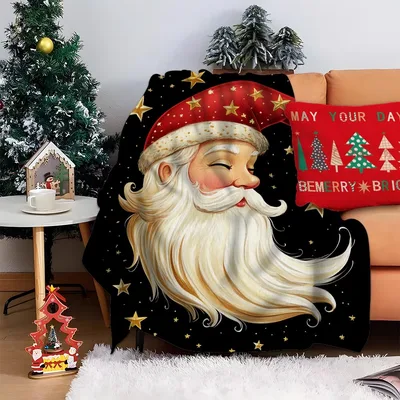 Vintage Santa Claus Face Blanket: Classic Holiday Art with Stars