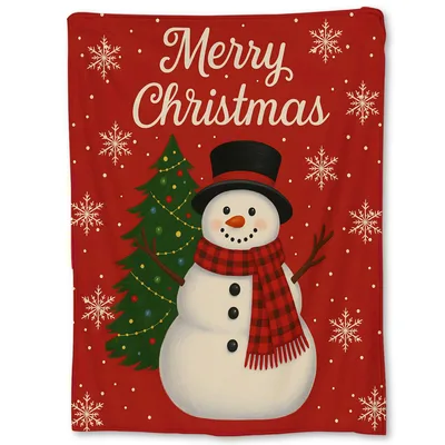 Merry Christmas Snowman Scene Blanket features a festive