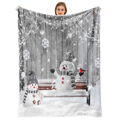 Snowman on Bench Winter Blanket: Cozy Holiday Scene with Two Snowmen