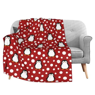 Christmas Penguin Red Polka Blanket: Festive Penguins on White Dots
