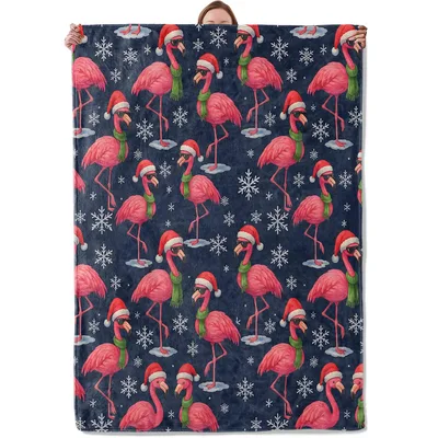 Christmas Flamingos with Santa Hats Blanket