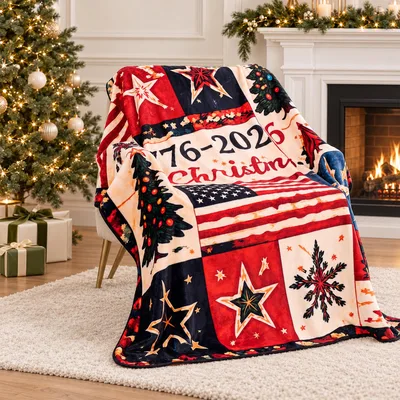 Patriotic Christmas Flag Patchwork Blanket featuring 1776-2026 text