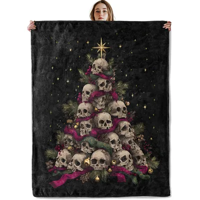 Skull Christmas Tree Design Blanket for Gothic Holiday Lovers