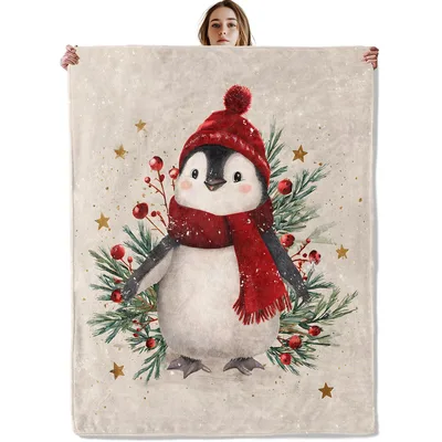 Christmas Penguin with Wreath Blanket: Cozy Holiday Artwork