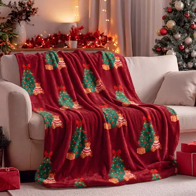 Red Christmas Tree Teddy Blanket: Festive Bear and Tree Print