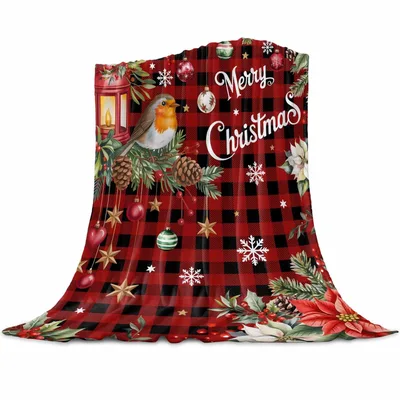 Merry Christmas Robin Poinsettia Blanket for Festive Holiday Comfort