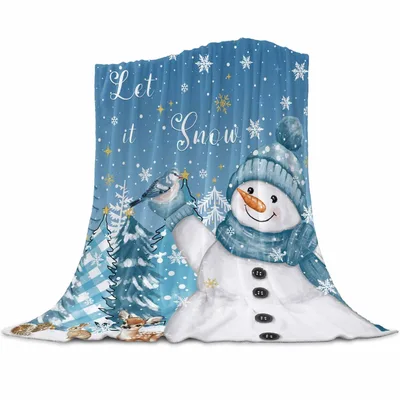 Let It Snow Snowman Scene Blanket with Winter Wildlife and Blue Trees