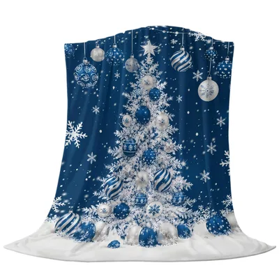 Silver Blue Christmas Tree Blanket: Frosty Snow Scene with Ornaments