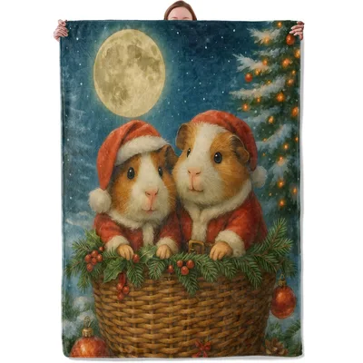 Guinea Pigs in Santa Blanket: Festive Rodents in Wicker Basket