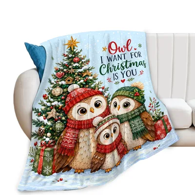 Owl I Want Blanket: Festive Owl Family and Christmas Tree Design