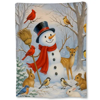 Snowman Winter Woodland Friends Blanket featuring a smiling snowman