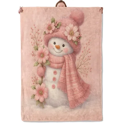 Pink Floral Snowman Winter Blanket featuring a smiling snowman