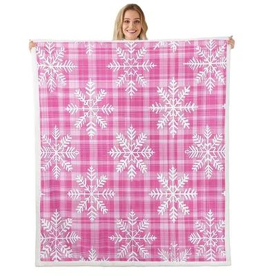 White Snowflakes on Pink Blanket: Cozy Winter Plaid Design