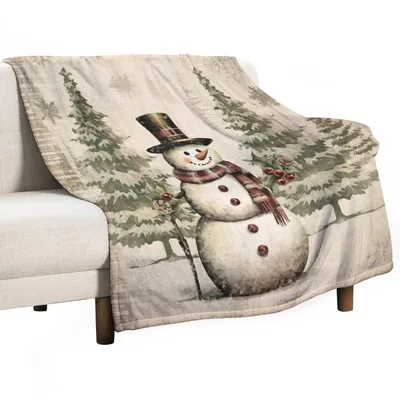 Vintage Snowman Christmas Trees Blanket for Cozy Holiday Nostalgia