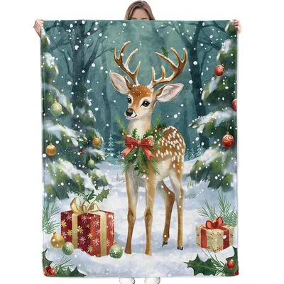 Deer in Snowy Forest Blanket: Festive Deer with Holiday Ornaments