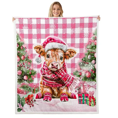 Highland Cow in Santa Blanket: Festive Calf with Pink Plaid and Trees
