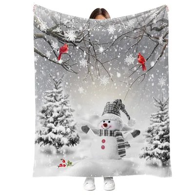 Snowman and Cardinals Winter Forest Blanket: Cozy Holiday Scene