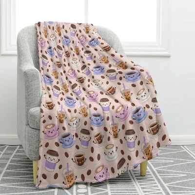 Kawaii Coffee Blanket with Cute Cups and Beans
