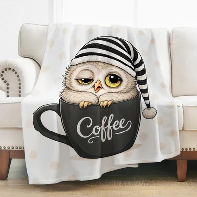 Owl Coffee Lover Blanket: Sleepy Owl in a Cup