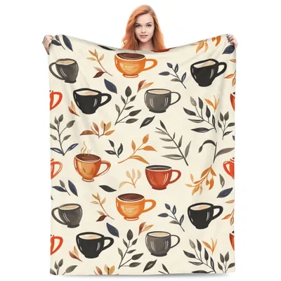 Autumn Coffee Blanket: Cups and Leaves in Warm Tones