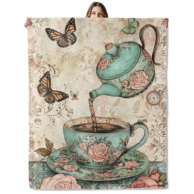 Vintage Teacup Butterflies Blanket: Floral Teapot and Monarch Wings
