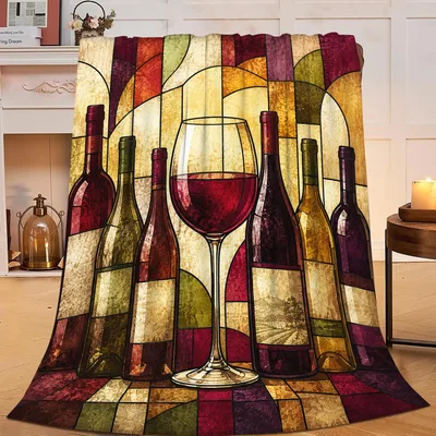 Stained Glass Wine Bottles Blanket: Artistic Vines and Glasses