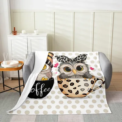 Owl Coffee Cup Polka Blanket: Leopard Print Owl Couple Design