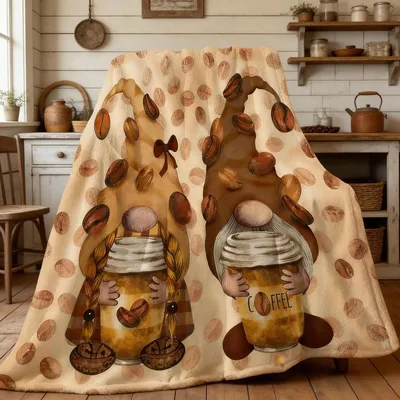 Coffee Gnomes with Beans Blanket: Rustic Gnomes Holding Mugs