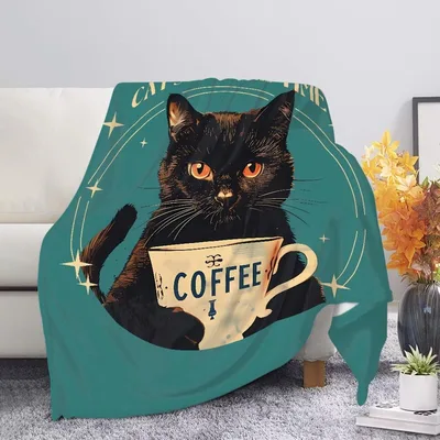 Black Cat in Coffee Cup Blanket: Feline Love for Mornings