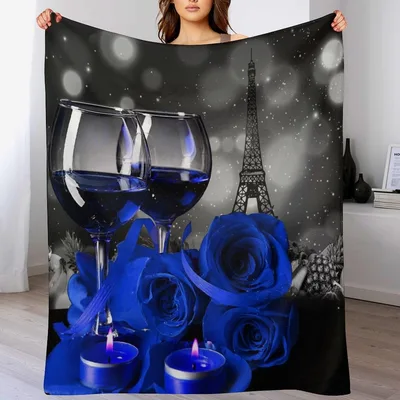 Blue Roses and Paris Blanket: Romantic Wine and Eiffel Tower Design