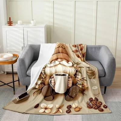Coffee Gnome Pattern Blanket: Cozy Dwarf with Mug and Beans