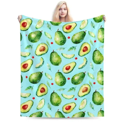 Avocado Pattern on Blue Blanket: Watercolor Fruit Design for Home