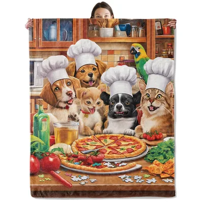 Chef Dog and Cat Blanket: Kitchen Crew with Pizza