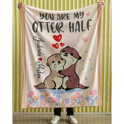 Otter Couple Blanket: Two Otters Hugging Under Hearts
