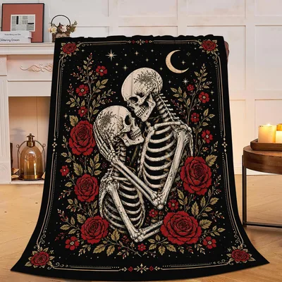 Skeleton Couple Roses Blanket: Gothic Love Throw