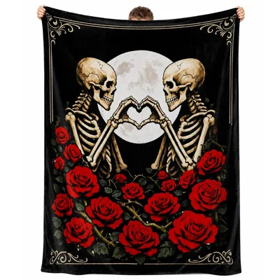Skeleton Lovers Heart Roses Blanket for Your Favorite Gothic Romantic