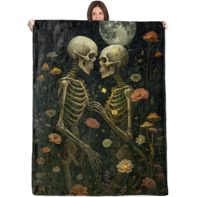Moonlit Wildflowers Blanket: Two Skeletons in a Night Garden