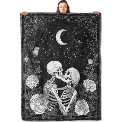 Celestial Romance Blanket: Skeleton Lovers Under the Moon