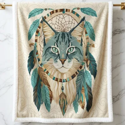 Dreamcatcher Cat Portrait Blanket: Spiritual Feline Art