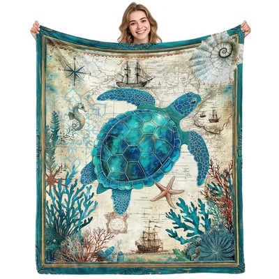Sea Turtle Vintage Nautical Blanket: Ocean Map Art for Cozy Living