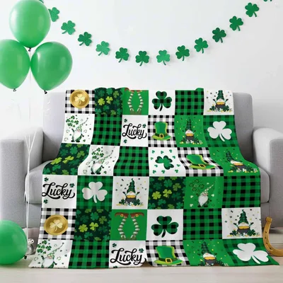 Lucky Shamrock Patchwork Pattern Blanket with Gnomes and Plaid