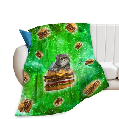 Cat Eating Burger Galaxy Blanket: Feline Space Foodie Design