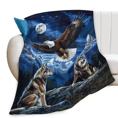 Bald Eagle and Wolves Blanket: Night Sky Wildlife Scene