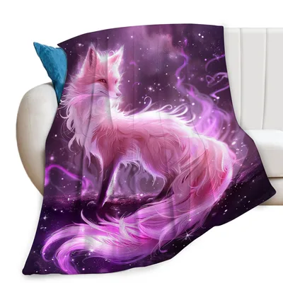 Glowing Fox in Galaxy Blanket: Ethereal Pink Fox Art for Space Lovers