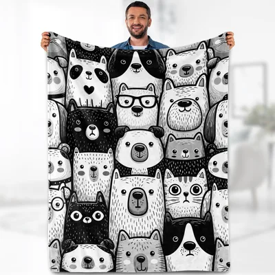 Cute Dogs Cats Bears Blanket: A Black and White Animal Pattern