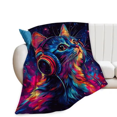 Neon Cat with Headphones Blanket: Vibrant Feline Art Design