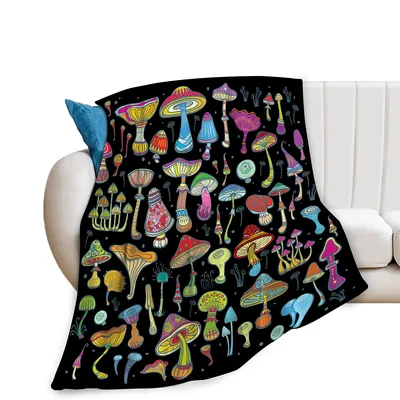 Colorful Mushrooms on Black Blanket: A Fantasy Fungal Pattern