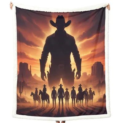 Western Cowboy Silhouette Sunset Blanket: A Giant Leader and His Gang