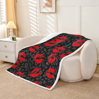 Red Lips Kiss Marks Blanket: Bold Red Lip Prints on Leopard Print