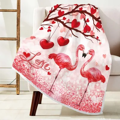 Flamingo Love Hearts Blanket features two pink flamingos
